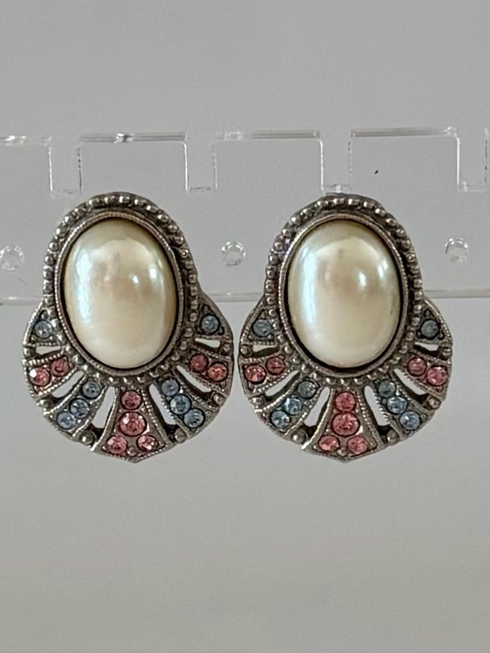 Pearl Cabochon Pink & Blue Crystal Fan Stud Earrings